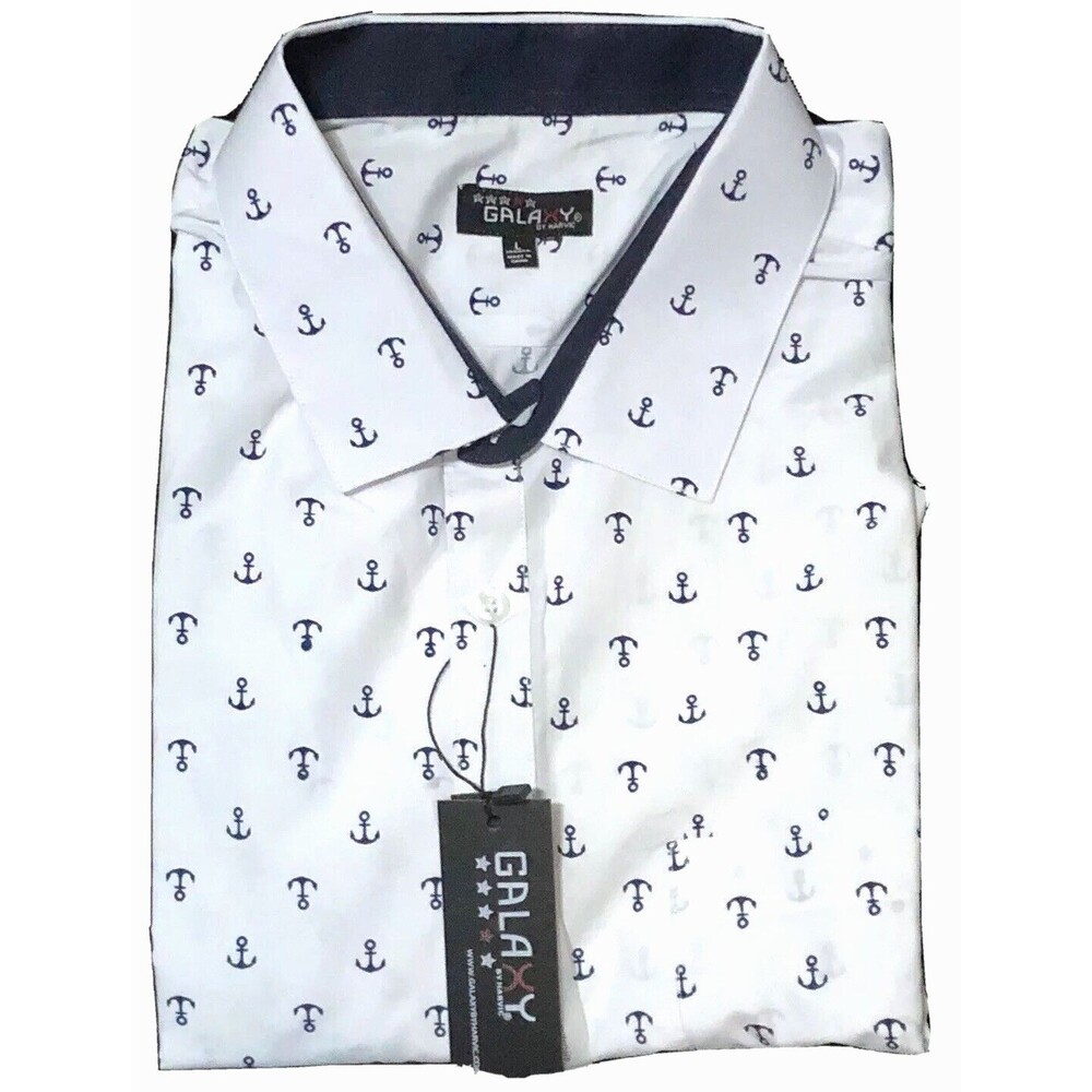 Galaxy by Harvic Mens White Ship Anchor Button Flip Cuff Shirt Size Large New